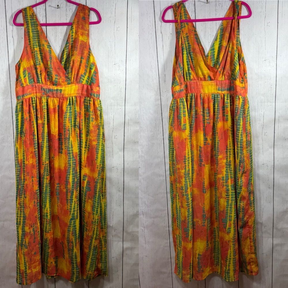 Ellen Weaver Boho Tie Dye Sundress Orange Yellow Size M Festival Cottagecore